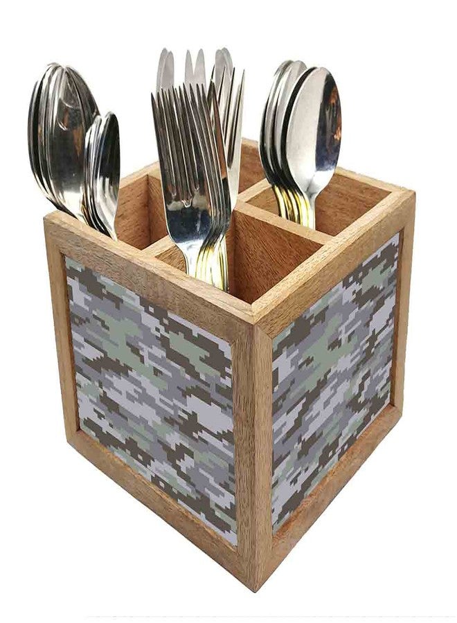 Nutcase Wooden Cutlery Stand Holder Silverware Caddy Spoons Forks Knives Organizer for Dining Table & Kitchen -Made in India-Spoons NOT Included - Gray Camo - Image 1