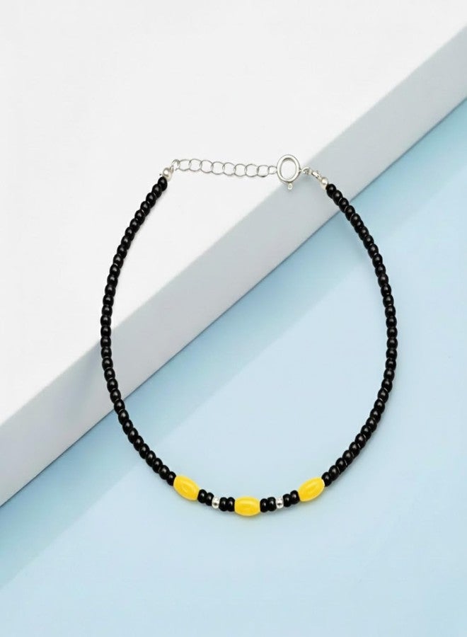 DARSHRAJ Sterling Silver Anklet | Handmade Chandi Nazariya | Adjustable Najariya Payal | 925 Hallmark Payal | Traditional Indian Nazariya for Women | Girls | Black and Yellow Beads Anklet - Image 3