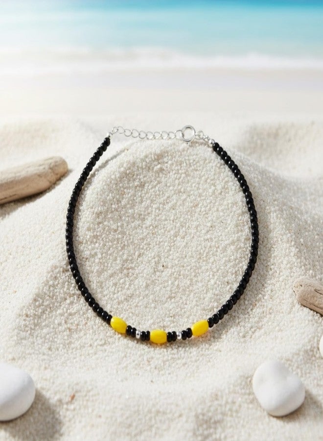 DARSHRAJ Sterling Silver Anklet | Handmade Chandi Nazariya | Adjustable Najariya Payal | 925 Hallmark Payal | Traditional Indian Nazariya for Women | Girls | Black and Yellow Beads Anklet - Image 4