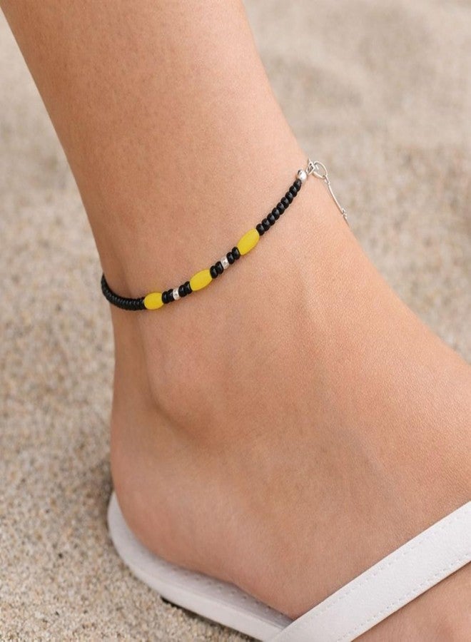 DARSHRAJ Sterling Silver Anklet | Handmade Chandi Nazariya | Adjustable Najariya Payal | 925 Hallmark Payal | Traditional Indian Nazariya for Women | Girls | Black and Yellow Beads Anklet - Image 2