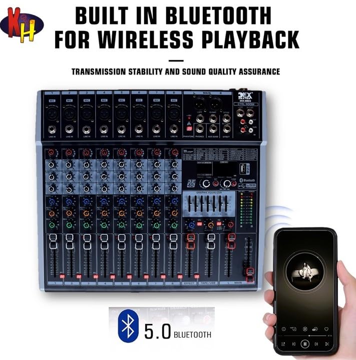 kh Professional 8 Channel Mixer Sound Board Console 99 DSP, 8 Channel Desk System WITH EQ, Interface Digital USB MP3 Input 48V Phantom Power Stereo DJ Studio, Bluetooth USB Audio Mixer for PC - Image 5