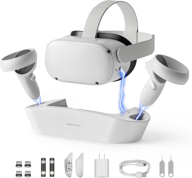 قاعدة شحن GEEKERA لـ Oculus Quest 2، محطة شحن مغناطيسية لسماعة الرأس وأجهزة التحكم Meta Quest 2، ملحقات الواقع الافتراضي مع بطاريتين قابلة لإعادة الشحن، شاحن USB C، شحن سريع - Image 1