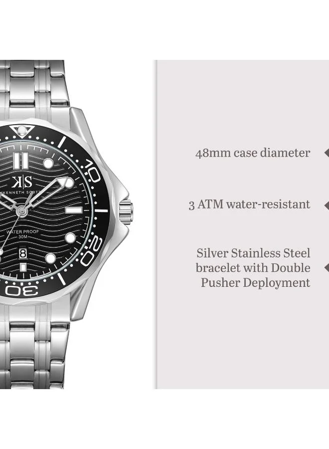 Kenneth Scott Black Men's Stainless Steel Analog Watch K22009-SBSB - 48 mm for Men | Best Price UAE