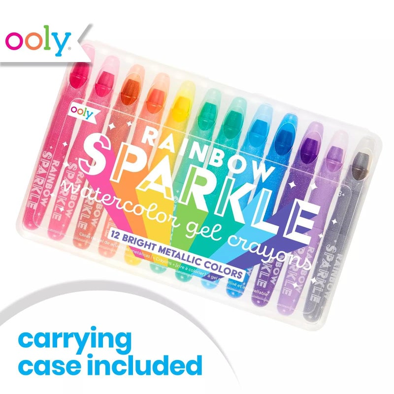 OOLY Rainbow Sparkle Gel Crayons for Kids and Adults - Set of 12 Watercolor Glitter Markers for Glass and Paper Surfaces with Clear Plastic Crayon Case - Easy To Clean Bright Metallic Color Crayons - Image 5