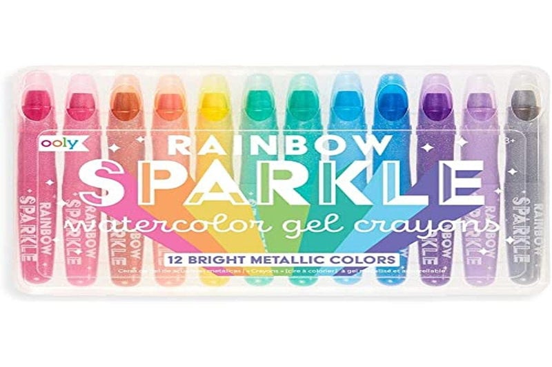 OOLY Rainbow Sparkle Gel Crayons for Kids and Adults - Set of 12 Watercolor Glitter Markers for Glass and Paper Surfaces with Clear Plastic Crayon Case - Easy To Clean Bright Metallic Color Crayons - Image 4