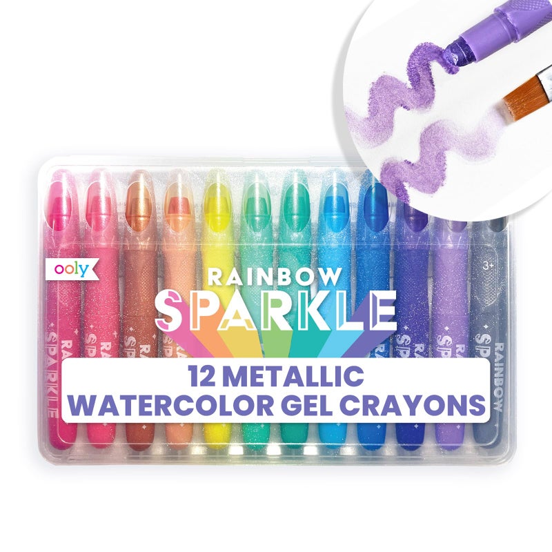 OOLY Rainbow Sparkle Gel Crayons for Kids and Adults - Set of 12 Watercolor Glitter Markers for Glass and Paper Surfaces with Clear Plastic Crayon Case - Easy To Clean Bright Metallic Color Crayons - Image 1
