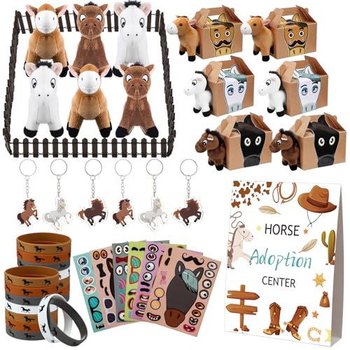 Halloscume 44 Pcs Adopt a Horse Party Favors Include Stuffed Farm Animals Foldable Boxes Adoption Card Fence Silicone Bracelet Keychain Sticker for Pony Themed Party Favor Supplies Decoration - Image 1