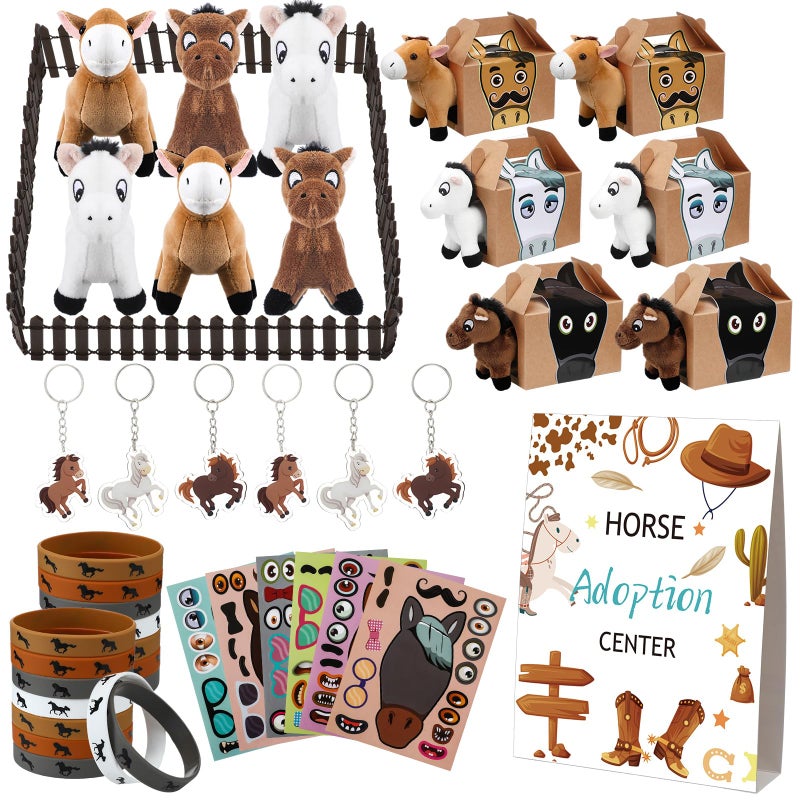 Halloscume 44 Pcs Adopt a Horse Party Favors Include Stuffed Farm Animals Foldable Boxes Adoption Card Fence Silicone Bracelet Keychain Sticker for Pony Themed Party Favor Supplies Decoration - Image 2