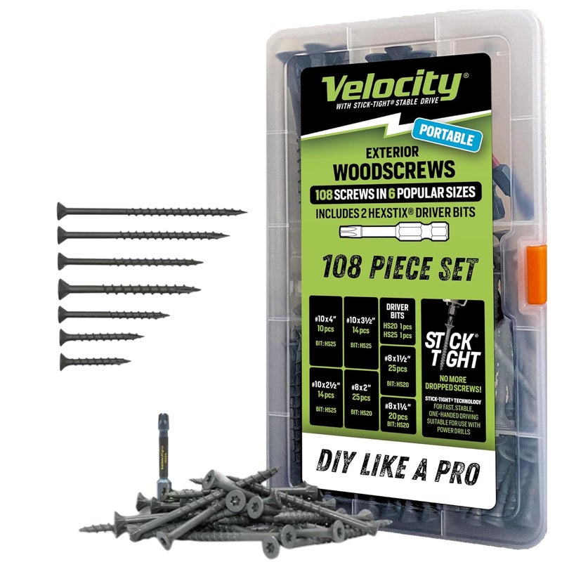 Phillips' Velocity Exterior Wood Screws Assortment Kit – 108 Assorted Wood Screws in 6 Sizes Made with Carbon Steel, 2 Hexstix Drive Bits & Plastic Wood Screw Set Storage Organizer, Construction Screws for Wood - Image 1
