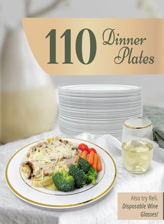Reli. 110 Pcs Plastic Dinner Plates, Disposable (10.25 inch, White w/Gold Rim) Heavy Duty Plates for Party, Elegant Dinner, Wedding, Birthday | White, Hard Plastic - Image 2