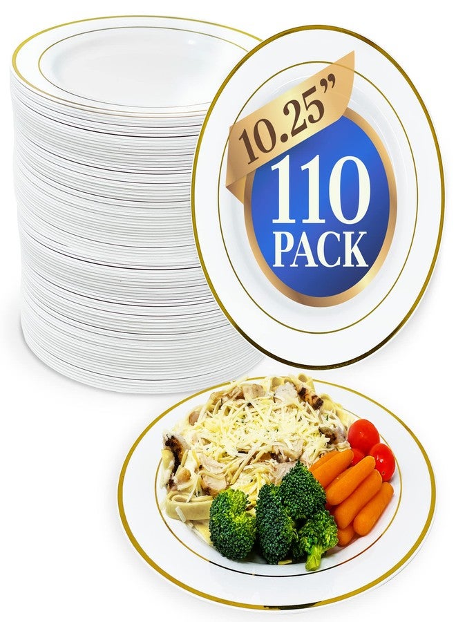 Reli. 110 Pcs Plastic Dinner Plates, Disposable (10.25 inch, White w/Gold Rim) Heavy Duty Plates for Party, Elegant Dinner, Wedding, Birthday | White, Hard Plastic - Image 1