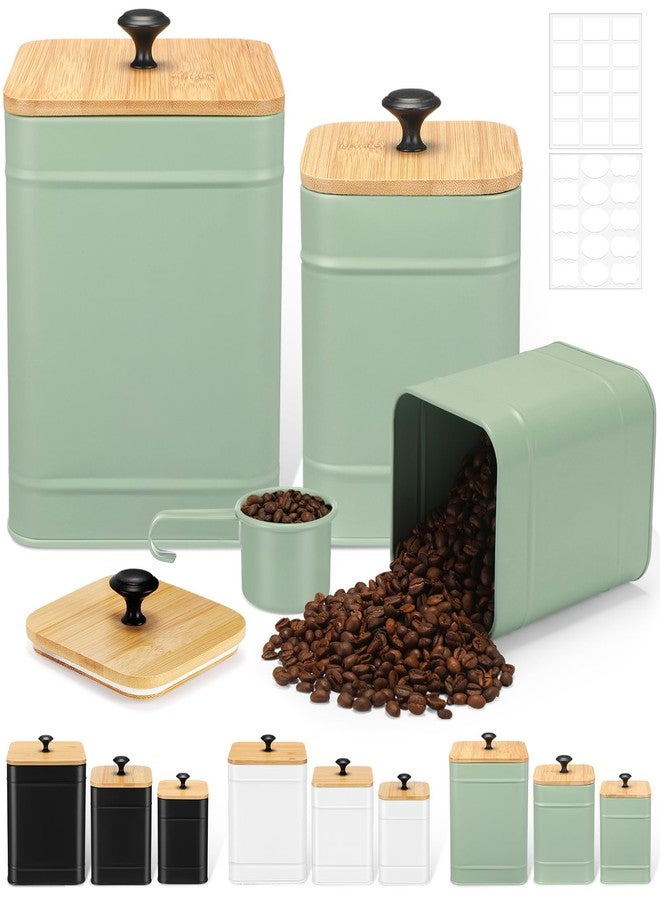 Tioncy Kitchen Canisters for Countertop Set of 3 Metal Canisters Sets with Bamboo Lids Spoon Airtight High Capacity Coffee Tea Sugar Flour Jars with DIY Labels Farmhouse Food Storage (Green,M, S, L) - Image 1