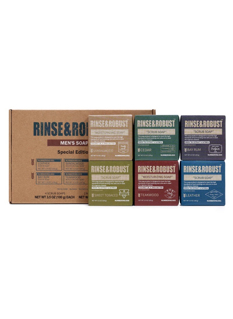 Rinse & Robust Rinse & Robust Mens Soap Bar Set 6Pcs Natural Handmade Cleansing Bar Soap Set Moisturizing&Exfoliating Scrub Soap Gift for Men All Skin Type| 6 Different Scents |3.5 oz of 6 Bars  - Image 1