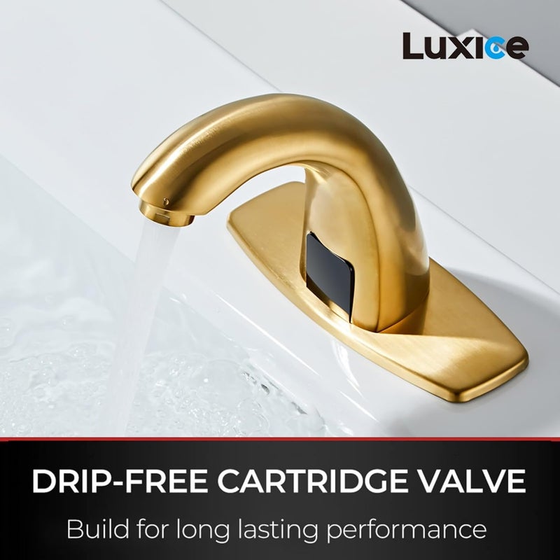 LUXICE Brushed Gold Touchless Bathroom Sink Faucet - Automatic Motion Sensor Battery Opertated with Temperature Mixing Valve for Commercial Lavatory - Image 3