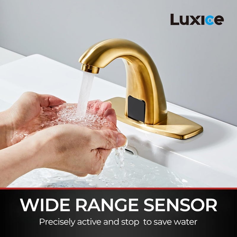 LUXICE Brushed Gold Touchless Bathroom Sink Faucet - Automatic Motion Sensor Battery Opertated with Temperature Mixing Valve for Commercial Lavatory - Image 2