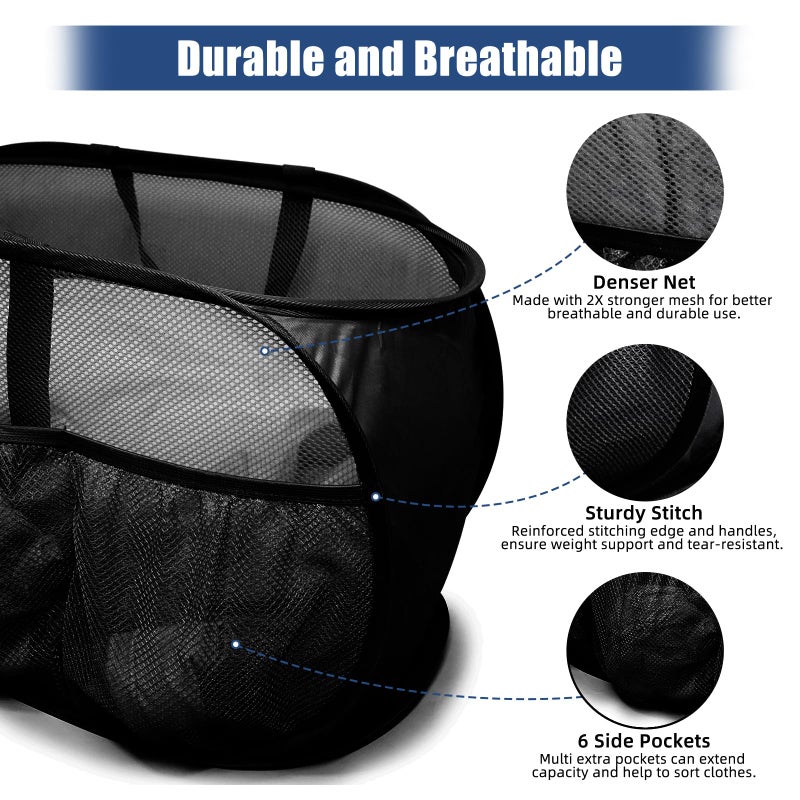 BATTOO Collapsible Laundry Baskets, Upgrade Pop Up Laundry Hamper with Convenient Bags, Foldable Laundry Basket Mesh Light Weight, Easy to Carry Clothes Hampers for Laundry, Dorm, Toys, Travel Black - Image 5