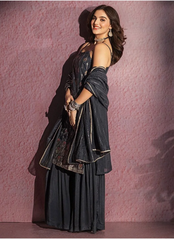 آي شين Women's Black 100% Cotton Woven Design Straight Fit Kurta Set
