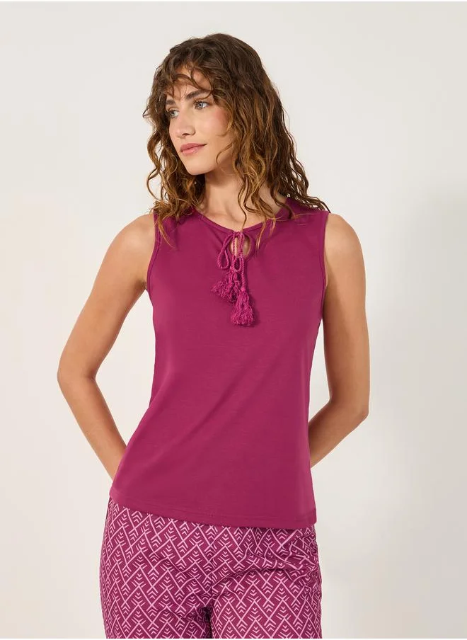 Styli Tasseled Round Neck Cami and Pyjama Set