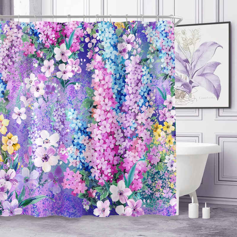 BayNook Purple Floral Shower Curtain Cute Colorful Flower Fabric Shower Curtains for Bathroom Pretty Funky Watercolor Cloth Shower Curtain Set Trendy Waterproof Bath Curtain 72x72 - Image 2