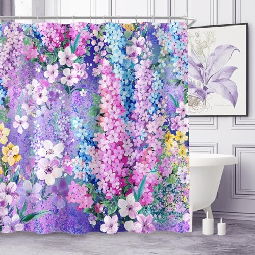 BayNook Purple Floral Shower Curtain Cute Colorful Flower Fabric Shower Curtains for Bathroom Pretty Funky Watercolor Cloth Shower Curtain Set Trendy Waterproof Bath Curtain 72x72 - Image 1