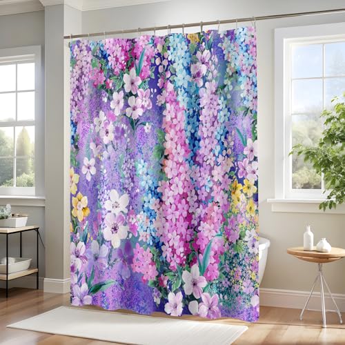 BayNook Purple Floral Shower Curtain Cute Colorful Flower Fabric Shower Curtains for Bathroom Pretty Funky Watercolor Cloth Shower Curtain Set Trendy Waterproof Bath Curtain 72x72 - Image 3