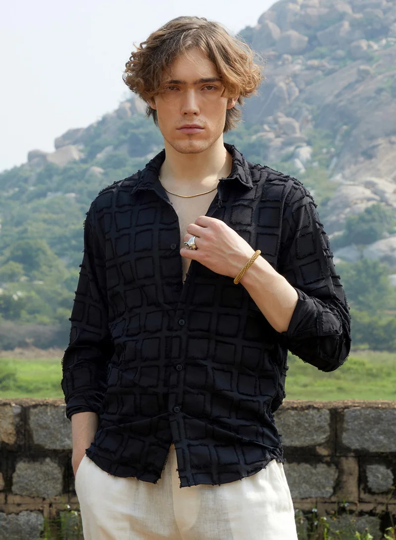 Campus Sutra Men's Onyx Black Cubic-Tassel Shirt