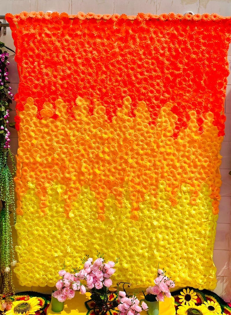 Ganpati festival Floral Backdrop Curtain, Ombre Orange Yellow Gradient, Artificial Flower Wall Panel for Ganpati Decoration / Ganesh Chaturthi curtain backdrop