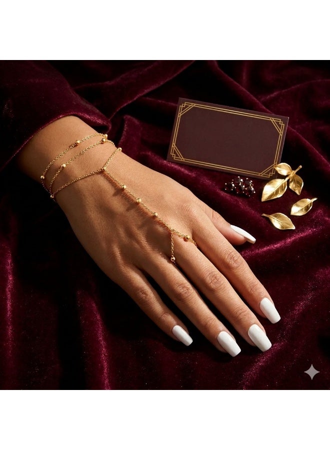 Hand Chain Bracelet with Ring, Gold Tone Finger Bracelet, Layered Chain Hand Jewelry - Image 1