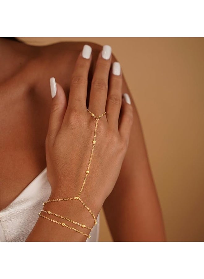 Hand Chain Bracelet with Ring, Gold Tone Finger Bracelet, Layered Chain Hand Jewelry - Image 2
