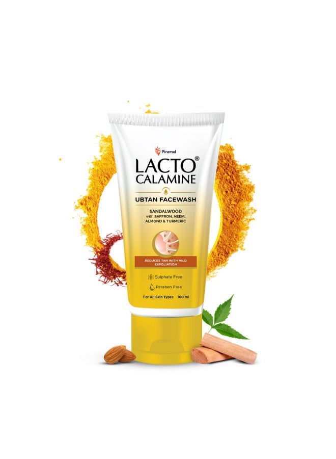 Lacto Calamine Ubtan Face Wash for Glowing Skin | Natural Face Wash with Sandalwood, Saffron, Neem, Almond & Turmeric | Exfoliating Facewash reduces Tan | Sulphate, Paraben Free | 100 ml Pack of 1 - Image 1