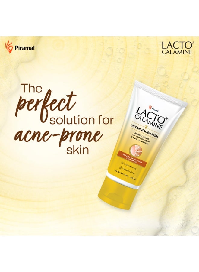 Lacto Calamine Ubtan Face Wash for Glowing Skin | Natural Face Wash with Sandalwood, Saffron, Neem, Almond & Turmeric | Exfoliating Facewash reduces Tan | Sulphate, Paraben Free | 100 ml Pack of 1 - Image 3