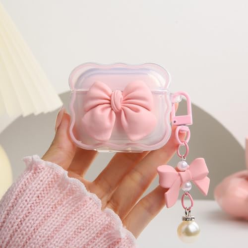QLD COVER Compatible with Apple AirPods 3 Generation 2021 Case Cover, Cute 3D Bow Tie Design Shockproof Soft Clear TPU Kawaii Airpods 3 Protector with Keychain for Women Girls, Bow Pink - Image 1