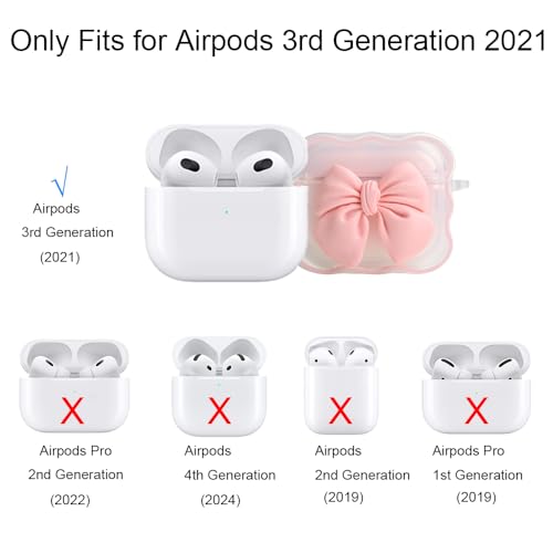 QLD COVER Compatible with Apple AirPods 3 Generation 2021 Case Cover, Cute 3D Bow Tie Design Shockproof Soft Clear TPU Kawaii Airpods 3 Protector with Keychain for Women Girls, Bow Pink - Image 3