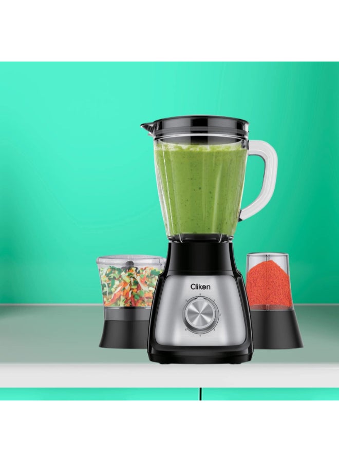 Clikon 3 in 1 High Powered Blender with Transparent Jar, 2 Grinder Mills, Stainless Steel Blades, Safety Switch & 5 Speed Settings with Pulse Function 1.5 L 500 W CK2647 Silver & Black - Image 2