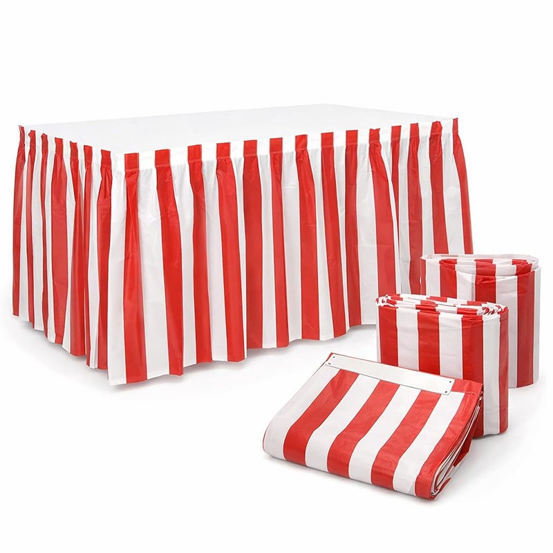 Oojami Pack of 4 Classic Red White Striped Table Skirts Perfect for Carnival Circus Themed Parties and More Easy to Apply 14ft Length Each - Image 2