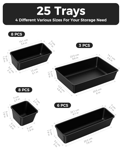 BiuLeon 25 PCS Plastic Drawer Organizers Set 4Sizes Vanity and Makeup Organizer Desk and bathroom Drawer Organizer Trays Organizers and Storage for Makeup Jewelry Gadgets Utensils Black - Image 3