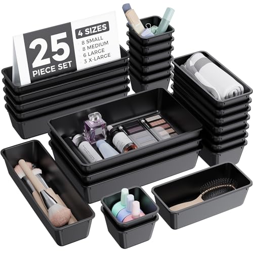 BiuLeon 25 PCS Plastic Drawer Organizers Set 4Sizes Vanity and Makeup Organizer Desk and bathroom Drawer Organizer Trays Organizers and Storage for Makeup Jewelry Gadgets Utensils Black - Image 1