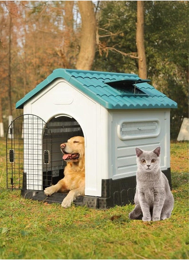 XiuWoo Dog House with Iron Gate Outdoor Plastic Dog House Water Resistant Pet House with Adjustable Skylight and Elevated Base for Small Dogs 68*57*66cm  - Image 1