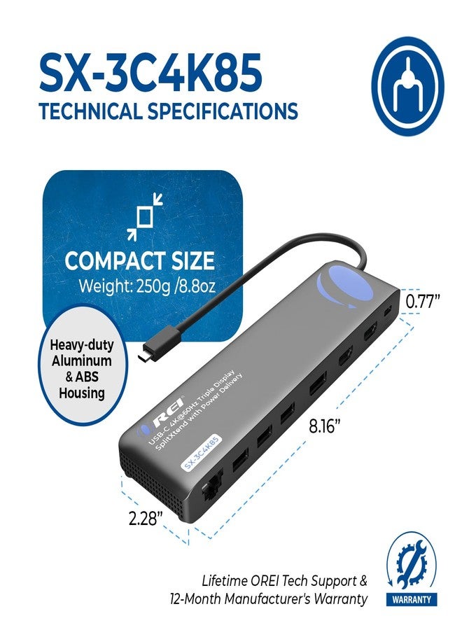 OREI USB-C Triple Monitor Docking Station Splitter - USB-C to 2× HDMI & 1× DisplayPort Adapter, 100W PD, Gigabit Ethernet, 4× USB2.0/3.0, microSD Reader - Windows & Mac Compatible - Image 5