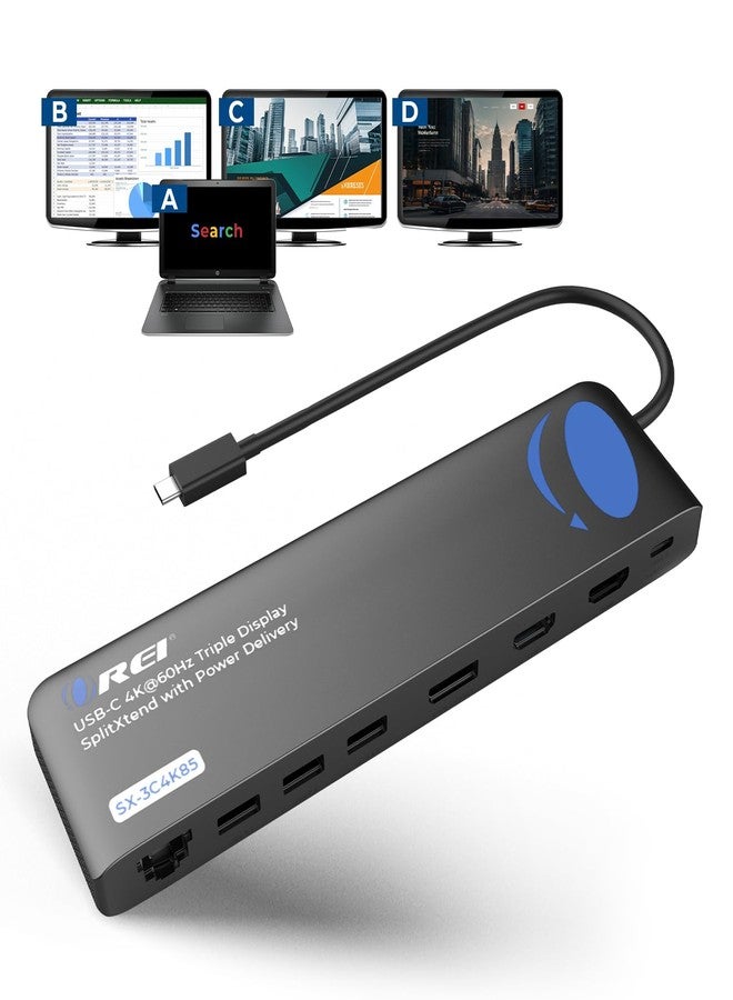 OREI USB-C Triple Monitor Docking Station Splitter - USB-C to 2× HDMI & 1× DisplayPort Adapter, 100W PD, Gigabit Ethernet, 4× USB2.0/3.0, microSD Reader - Windows & Mac Compatible - Image 1