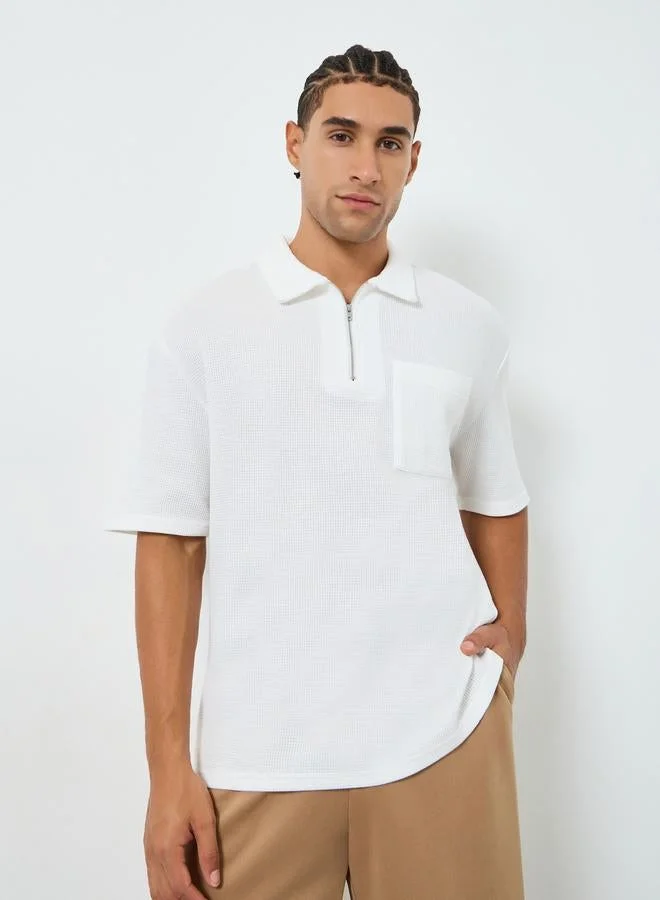 Men Waffle Knit Quarter Zip Oversized Polo
