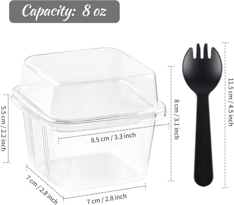 Kucoele 50 Pack 8 oz Plastic Dessert Cups with Lids and Sporks, Clear Square Cake Cups Dessert Containers for Pudding Parfait Fruit Yogurt and Shortcake - Image 2