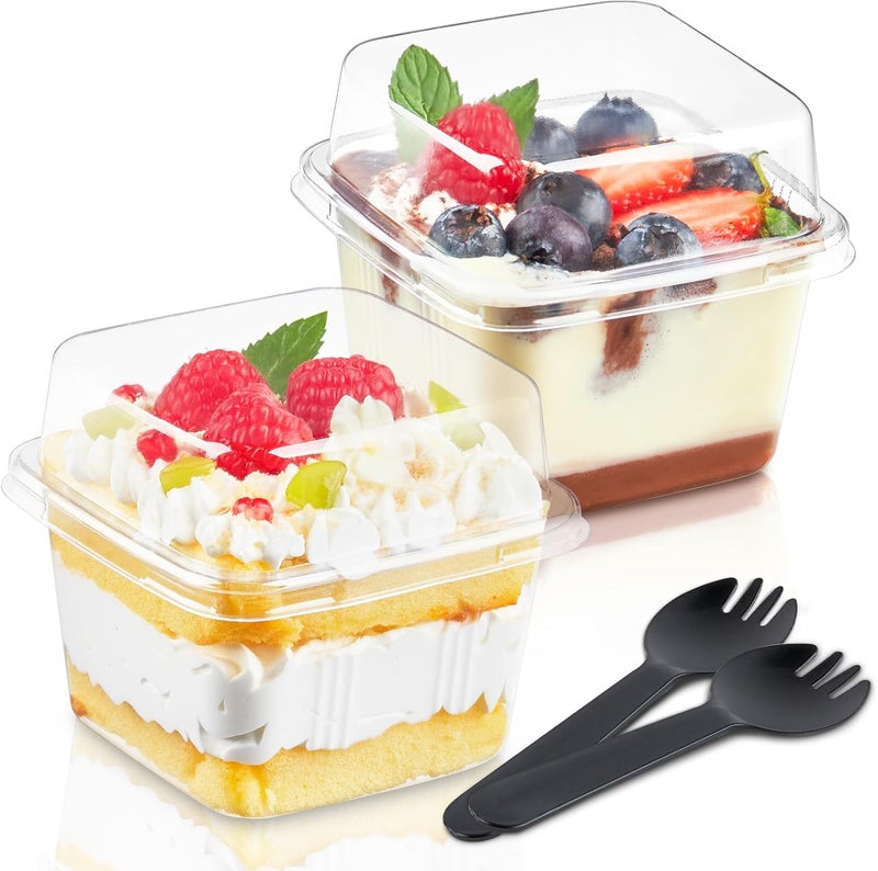 Kucoele 50 Pack 8 oz Plastic Dessert Cups with Lids and Sporks, Clear Square Cake Cups Dessert Containers for Pudding Parfait Fruit Yogurt and Shortcake - Image 1