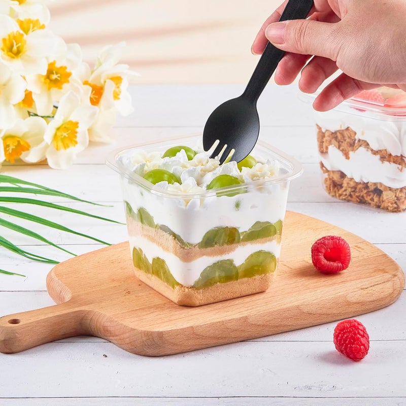 Kucoele 50 Pack 8 oz Plastic Dessert Cups with Lids and Sporks, Clear Square Cake Cups Dessert Containers for Pudding Parfait Fruit Yogurt and Shortcake - Image 4