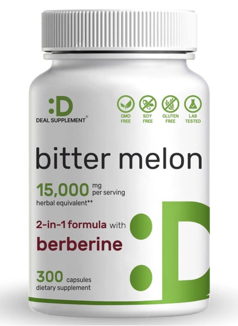 Bitter Melon 15,000mg Per Serving | 300 Capsules, with Berberine HCL | 15:1 Wild Bitter Melon Fruit Extract