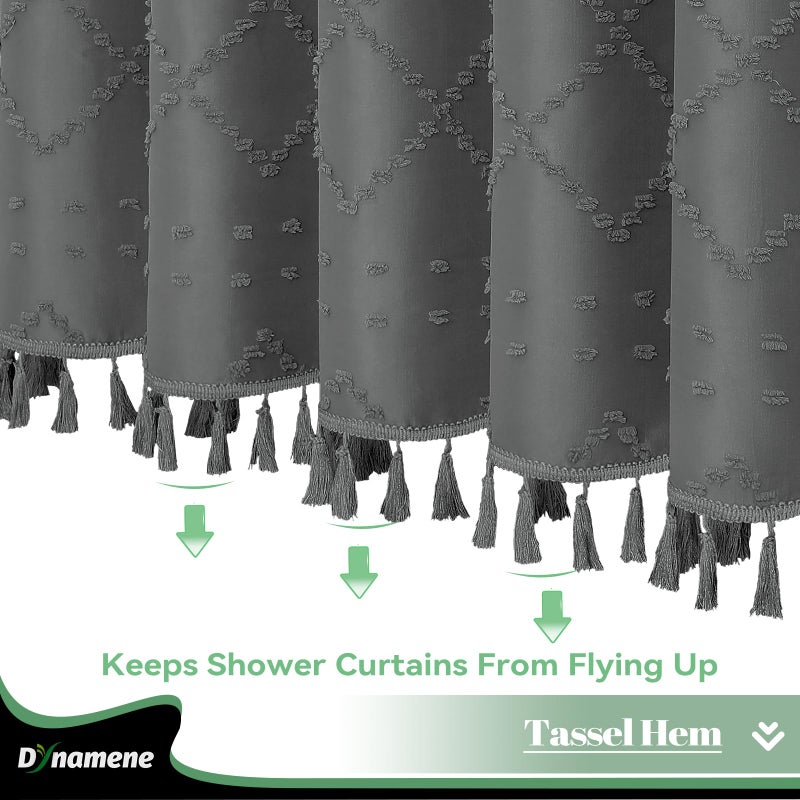 Dynamene Extra Long Shower Curtain  96 Inch Long Boho Tufted Geometric Striped Fabric Shower Curtain for Bathroom  Tall Farmhouse Waterproof Cloth Shower Curtain Set  12 Hooks  Charcoal Grey  72x96 - Image 3