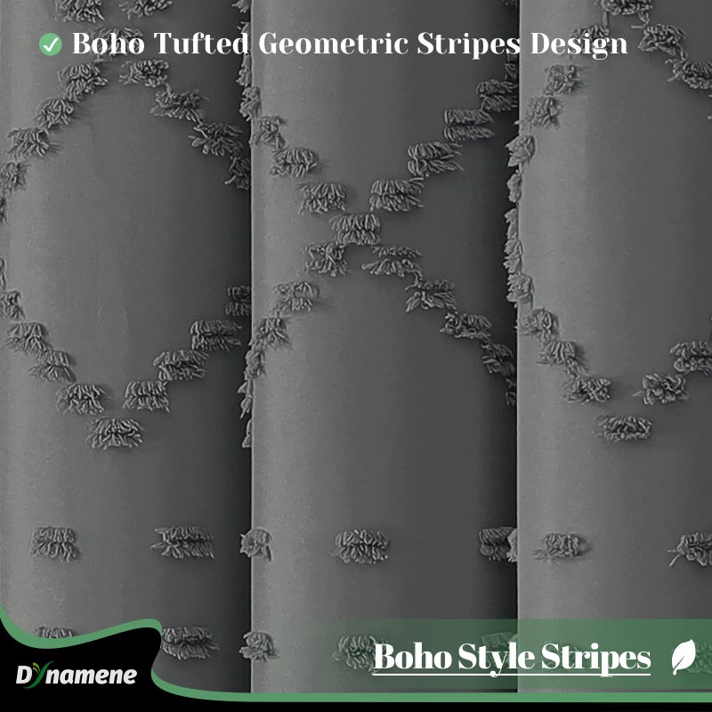 Dynamene Extra Long Shower Curtain  96 Inch Long Boho Tufted Geometric Striped Fabric Shower Curtain for Bathroom  Tall Farmhouse Waterproof Cloth Shower Curtain Set  12 Hooks  Charcoal Grey  72x96 - Image 1