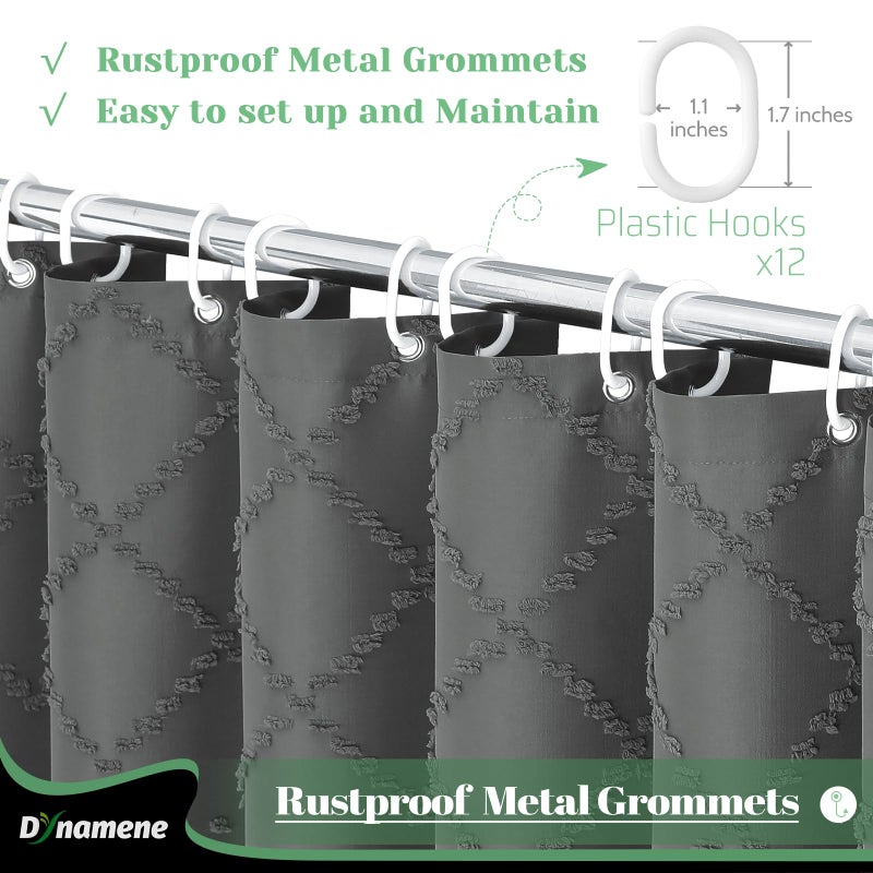 Dynamene Extra Long Shower Curtain  96 Inch Long Boho Tufted Geometric Striped Fabric Shower Curtain for Bathroom  Tall Farmhouse Waterproof Cloth Shower Curtain Set  12 Hooks  Charcoal Grey  72x96 - Image 4