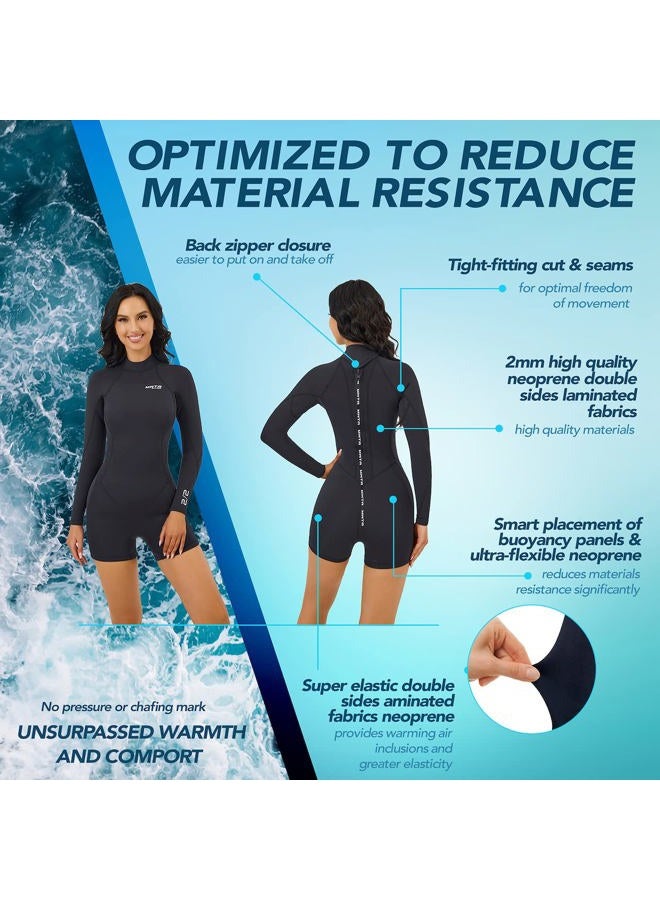 MWTA Womens Shorty Wetsuit, 2mm Neoprene Long Sleeve Swimsuit with Back Zip, Offers UV Protection, Wetsuit for Diving Snorkeling Swimming Surfing, Size 6 - Image 2