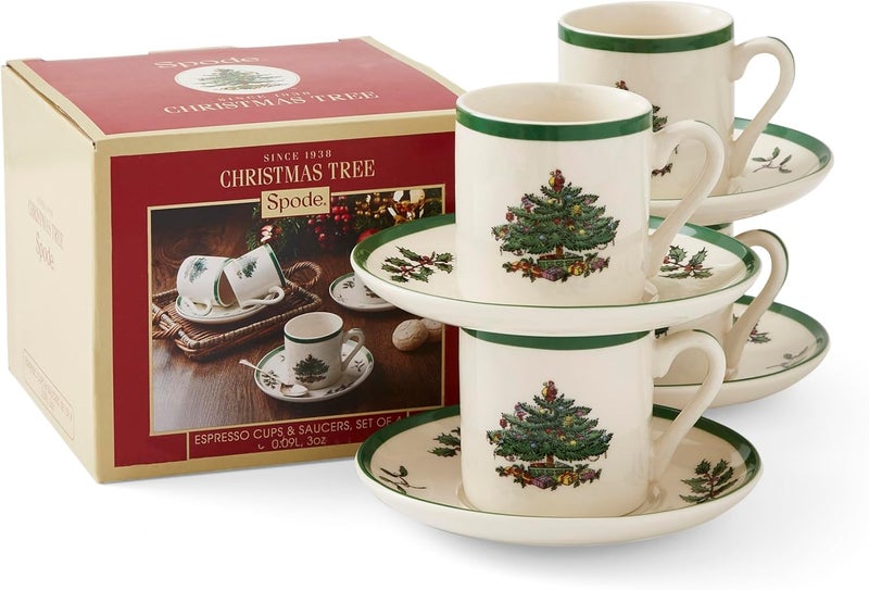 Spode Christmas Tree Espresso Cup Saucer Set Set of 4 Festive 3 Ounce Coffee Mugs with Saucers Fine Earthenware for Espresso Holiday Gift Christmas Dcor Dishwasher Microwave Safe - Image 2